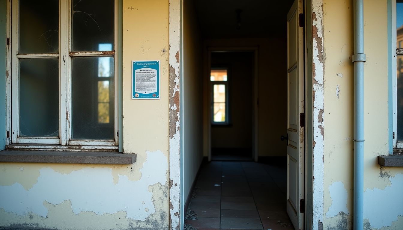 Ein vernachlässigtes, altes Wohngebäude mit Energiezertifikat und schlechter Innenbeleuchtung. Ein vernachlässigtes, altes Wohngebäude mit Energiezertifikat und schlechter Innenbeleuchtung.